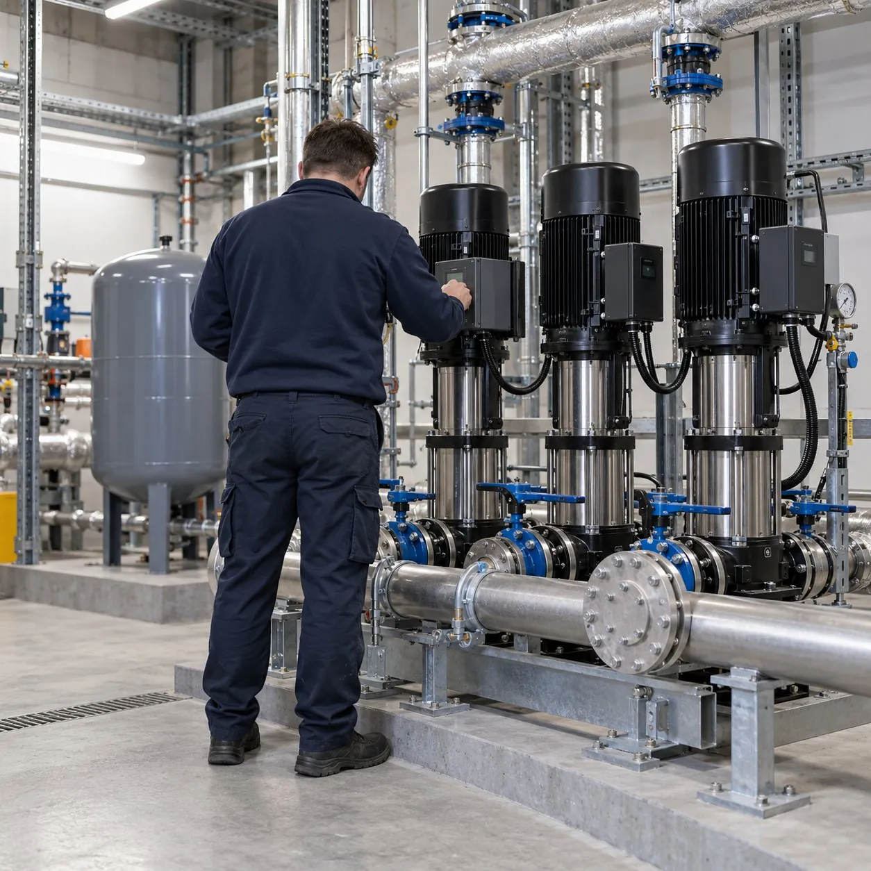 Engineer checking a commercial booster set