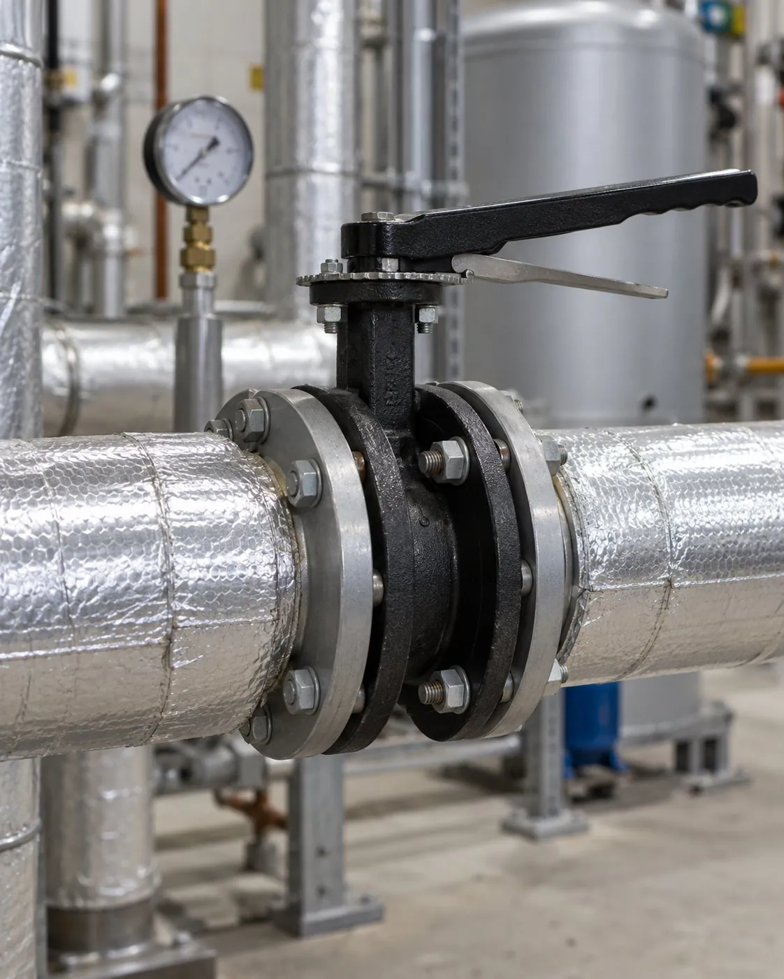 Flanged butterfly valve on insulated heating pipework